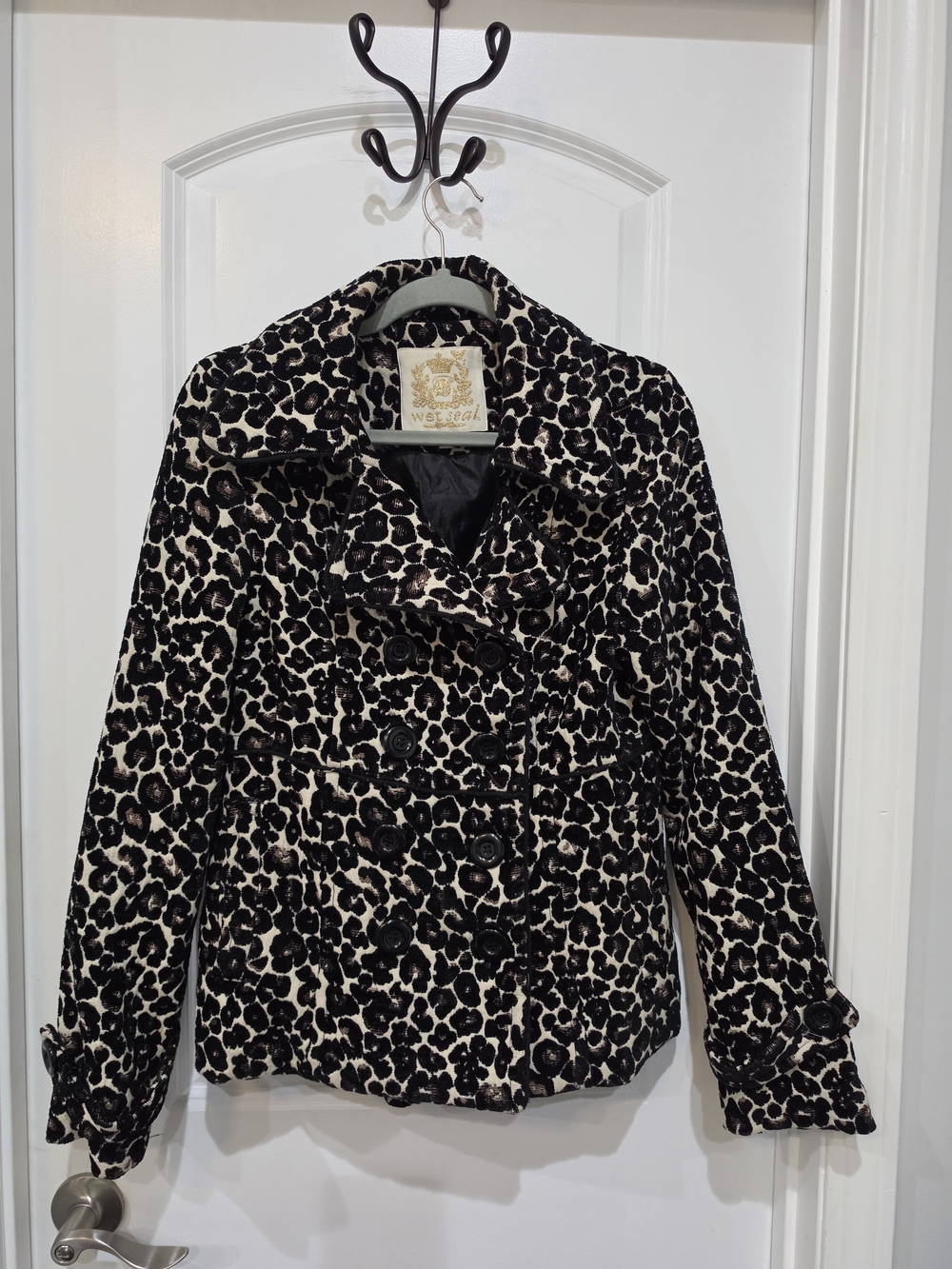 Wet Seal Black & Cream Leopard Print Peacoat
